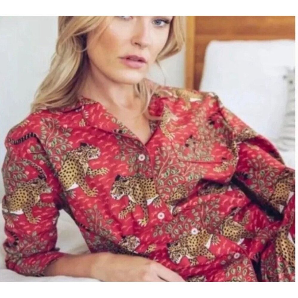 PrintFresh Womens XS Pajama Shirt Red Bagheera Leopard Short Sleeve Button-Up - Picture 2 of 9
